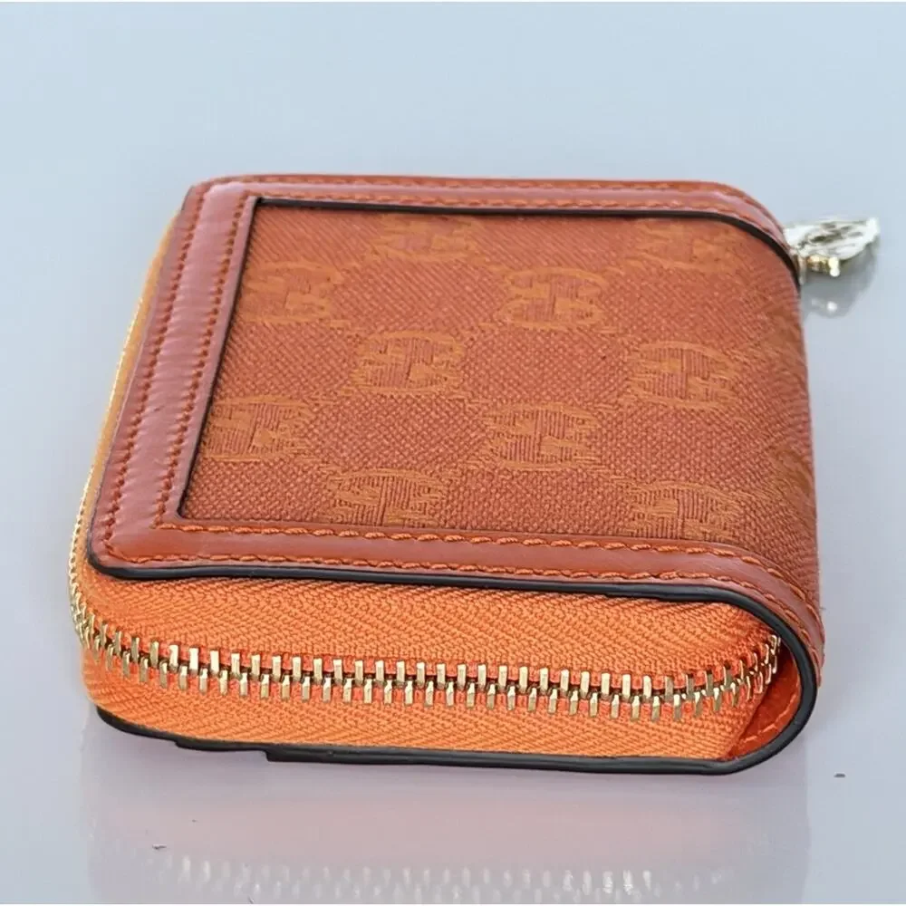 Gucci GG Print Bright Orange Zip Around Leather/Canvas Card Case Wallet IT NIB